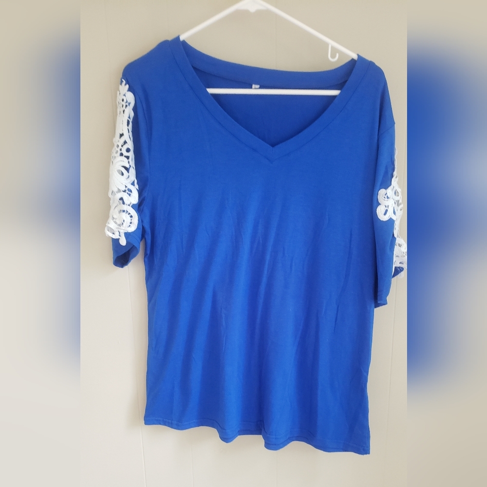 Blue Lace Sleeve Women's Blouse